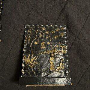 Two Vintage Brown Wood Book Ends Featuring Docked Tall Ships by Syroco Wood.